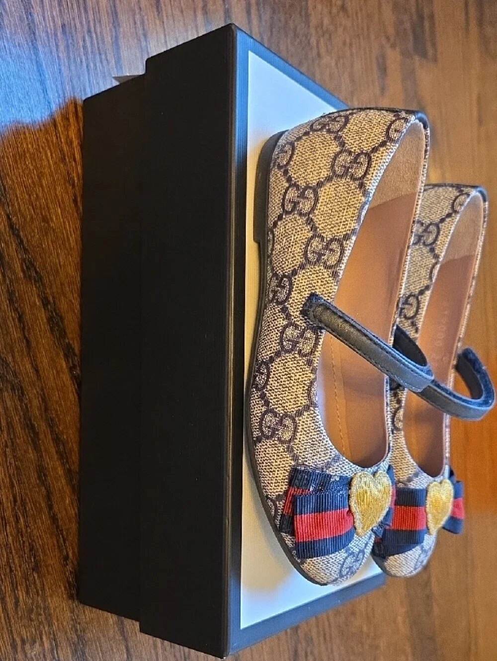 Gucci Beige GG Supreme Mary Jane with Gold Heart and Red-Blue Bow
